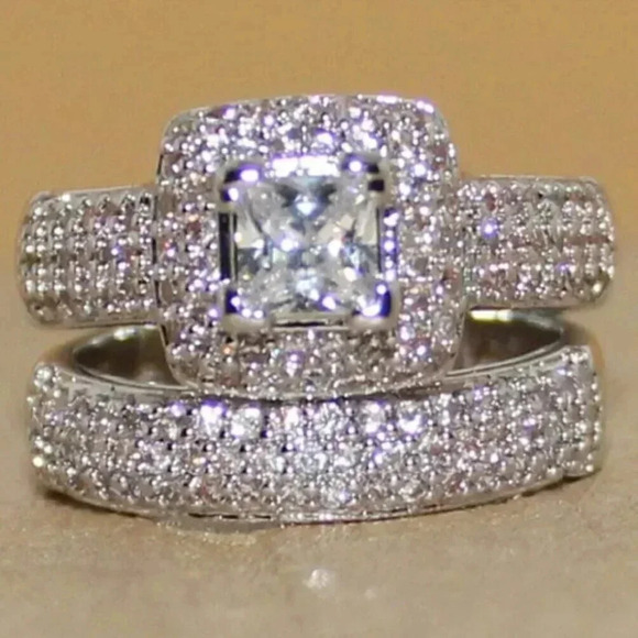 🎁Shiny Princess Cut Square Zircon Delicate Luxury Silver Ring Set, UNVN12306 - Picture 4 of 6